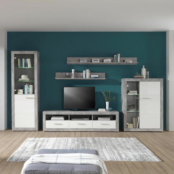 Wohnwand mit Vitrinen und Wandboard Wohnwand mit Vitrinen und Wandboard